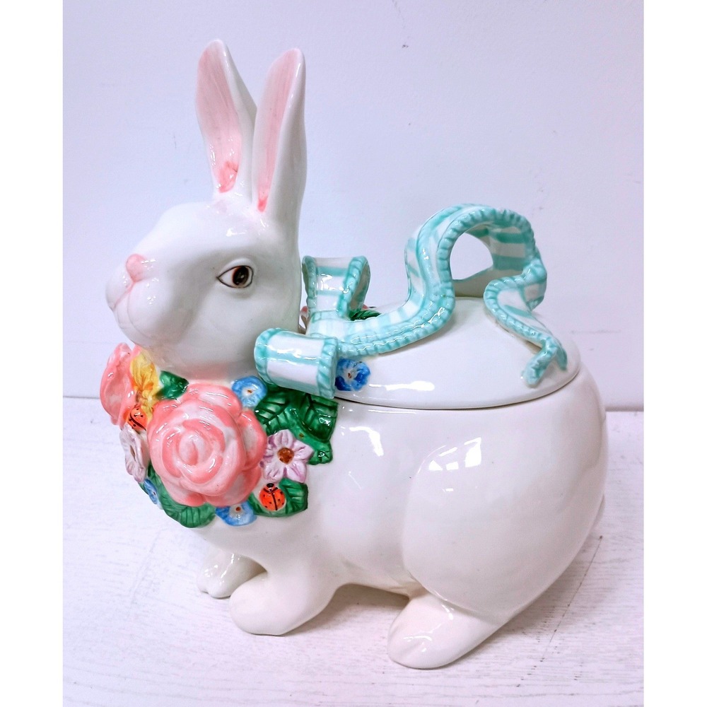 VTG Fitz and Floyd Ceramic Bunny Rabbit Cookie JarFloral Bow Easter Spring